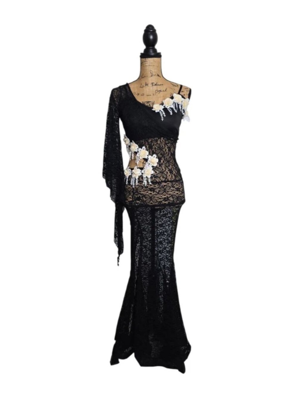 Black Lace Ballroom Dance Costume 2pc Asymmetrical Flower Appliqué Dress Small
